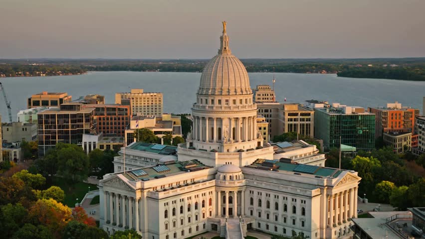 Retreating Establishing Aerial Shot of the Wisconsin State Capitol Building in Madison