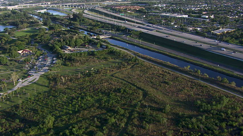 Aerial view of Interstate 95 flyover Intersection an Express vehicle traffic Toll Road Broward County Fort Lauderdale Florida USA