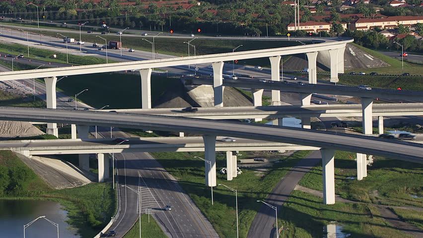 Aerial view of Interstate 95 flyover Intersection an Express vehicle traffic Toll Road Broward County Fort Lauderdale Florida USA