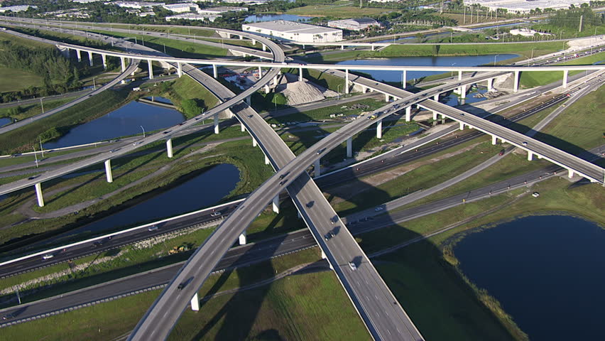 Aerial overhead view of Interstate 95 flyover Intersection an Express vehicle traffic Toll Road Broward County Fort Lauderdale Florida USA