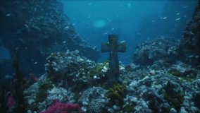 necropolis sunken, stone cross remains