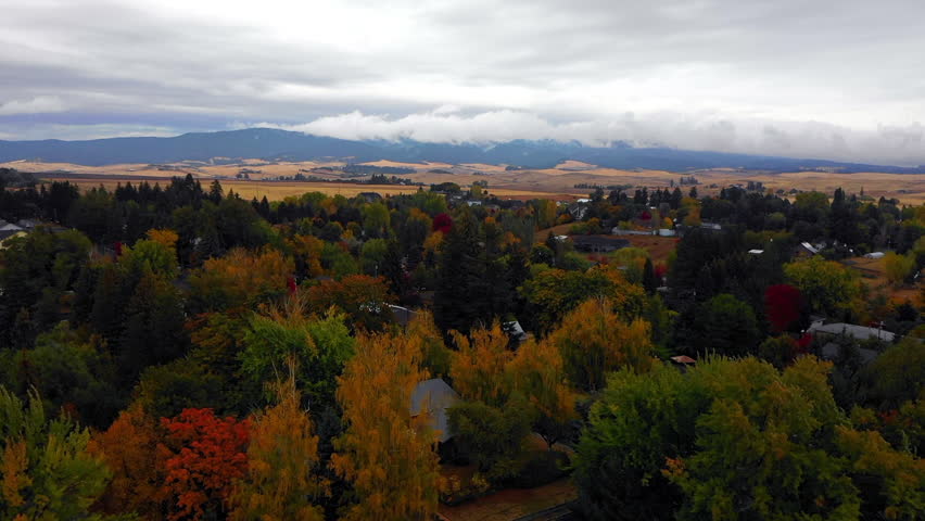 Aerial Forward Shot Of Residential Houses Amidst Autumn Season On Hills Under Cloudy Sky - Rural, Idaho