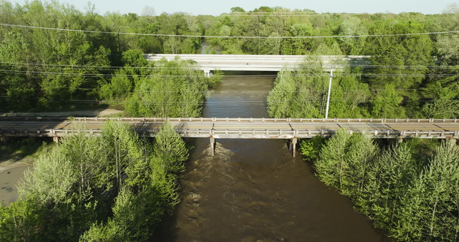 Road Bridges Crossing Wolf River In Collierville, Shelby County, Tennessee. aerial shot