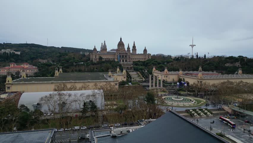 National art museum in barcelona with overcast sky, cityscape, aerial view