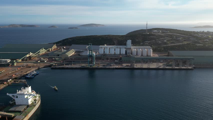 Port of Esperance city at sunset, Western Australia. Aerial forward