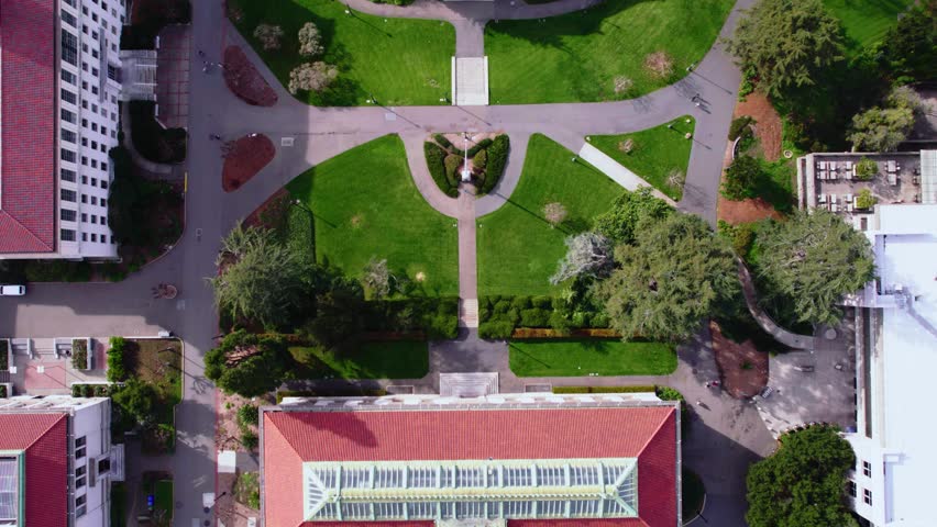 Aerial View of Berkeley University of California Campus Buildings and Halls, Revealing Drone Shot