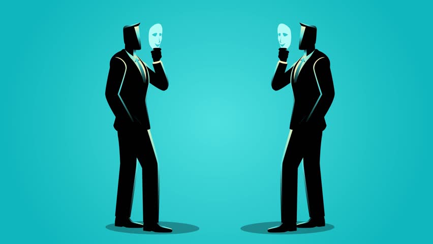 2D animation of two businessmen engaged in conversation while wearing masks, facade of polite discourse, subtle cues of pretense and poker-faced negotiations, the intricate world of corporate lobbying