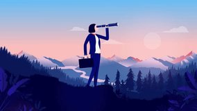 Business person looking for career opportunities - Businesswoman alone in landscape with binocular scouting and searching. Flat design vector animation - Powered by Shutterstock - Get 15% off with code: PIKWIZARD15
