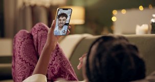 Woman, relax and video call at night in home with virtual connection to man online with phone. Smartphone, chat and girl on sofa talking to friends with internet, app or live streaming discussion