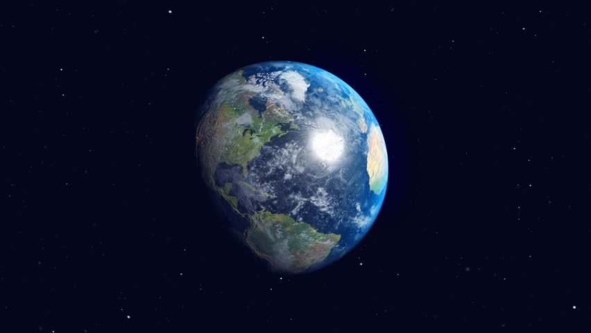 Planet earth spinning alone in space - The world with camera panning around in circle showing entire planet. Realistic 3d render animation