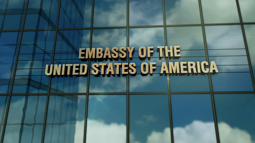 Embassy of the United States of America glass building concept. US diplomatic office symbol on front facade 3d. Royalty-Free Stock Footage #3493452879