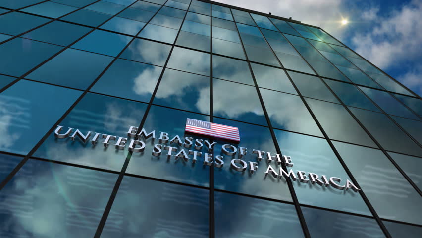 Embassy of the United States of America glass building looping time lapse concept. US diplomatic office symbol on facade 3d seamless loopable. Royalty-Free Stock Footage #3493452933
