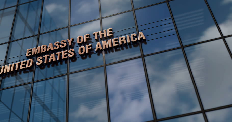 Embassy of the United States of America glass building concept. US diplomatic office symbol on front facade 3d. Royalty-Free Stock Footage #3493453203
