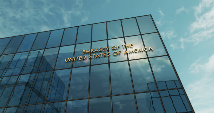 Embassy of the United States of America glass building concept. US diplomatic office symbol on front facade 3d. Royalty-Free Stock Footage #3493453205