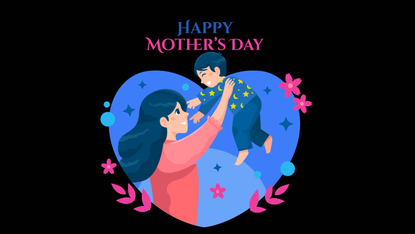 Happy Mother's Day Animation Text with animated hearts. Animated Mother and son with Alpha Channel. Suitable for mother's day celebrations around the world. 4K Footage video