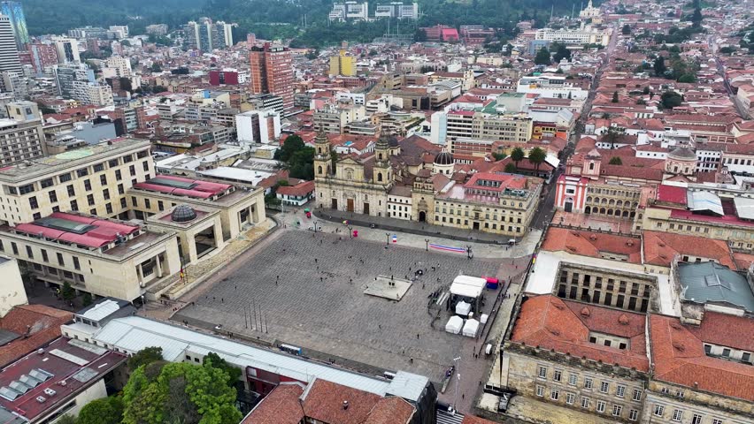Plaza De Bolivar At Bogota In Cundinamarca Colombia. Downtown Cityscape. Financial District Background. Bogota At Cundinamarca Colombia. High Rise Buildings. Business Traffic.