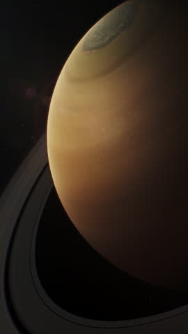 Realistic 3D animation of Saturn and its moon Mimas, Dione or Titan rotating in dark outer space. Mysterious Saturn rings. Sun rays and stars on background. Solar system planet. Vertical shot