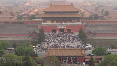 BEIJING, CHINA - APRIL 25, 2012, Fast motion of Aerial view of Forbidden City and tourists