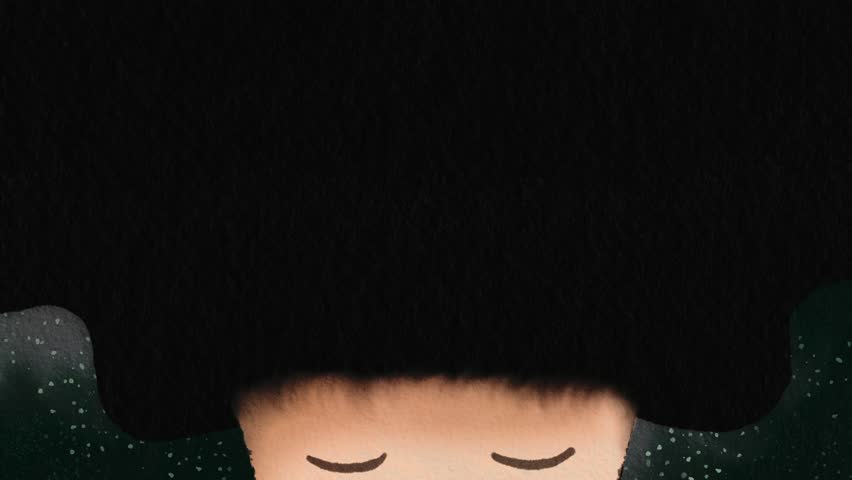 Watercolor Animation: Girl with Space Hair in Black - Creative Concept with Paper Texture