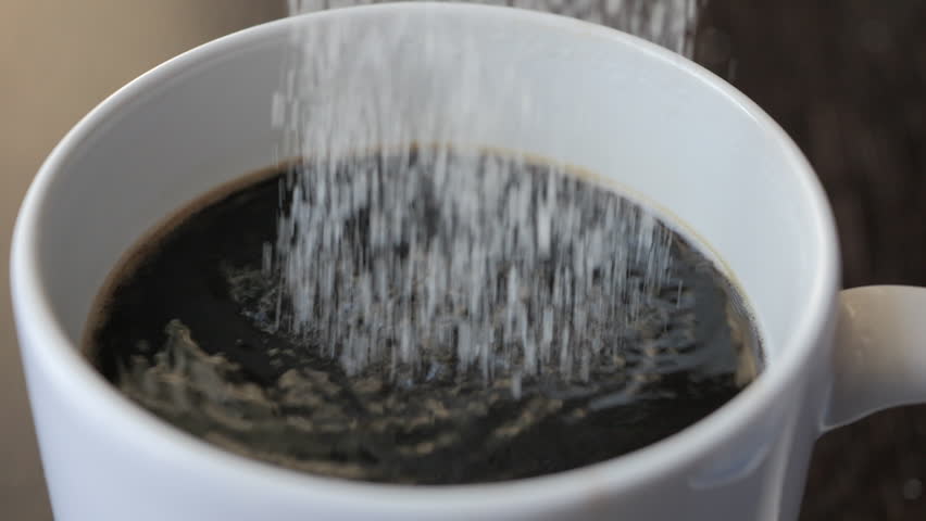 Slow Motion Putting Sugar in to Black Coffee. Sugar Falling Down Into Coffee Cup. Coffee Caffeine Addiction Junk Food. Concept of Unhealthy Eating, Diabetes, Obesity, Heart Disease.  Royalty-Free Stock Footage #3493757061