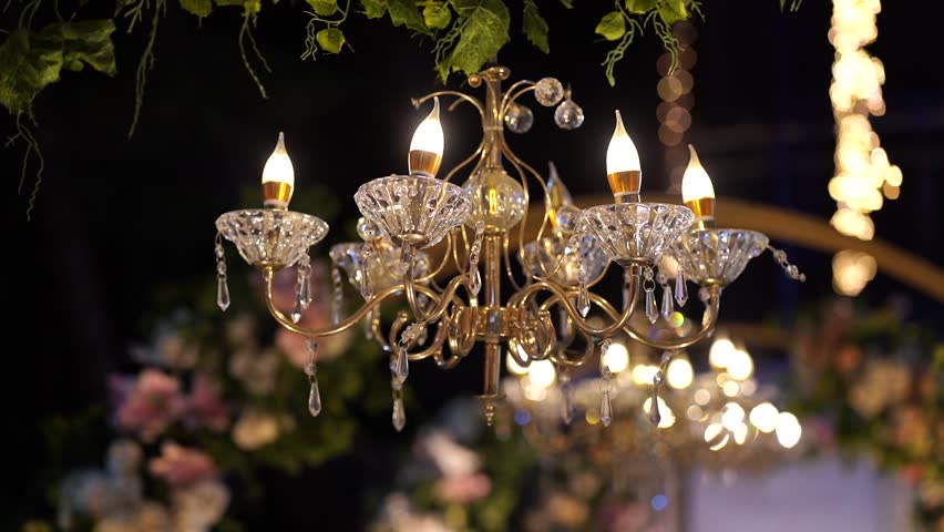 There is a chandelier with many lights on it. And there are many beautiful flowers in the background.