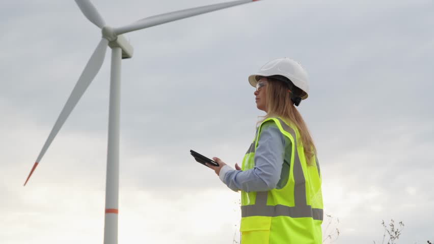 The engineer develops a wind farm project on her digital tablet, creating innovative and energy-efficient solutions for green energy.