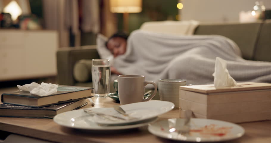 Messy living room, sick and woman on sofa with coffee cup, plate and dirt with flu, covid or virus. Girl, African person and dishes on lounge table with sneezing, cough and night with tissue in home