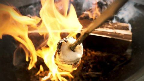Marshmallows roasting on fire POV