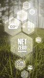 Net zero emission , carbon neutral concept 2050. Net zero greenhouse gas emissions target 2050. Climate neutral long term strategy with net zero icons on green nature background.Vertical video