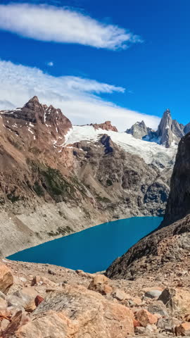 Timelapse of Mount Fitz Roy with Laguna de los Tres in El Chalten, Patagonia Argentina, South America.