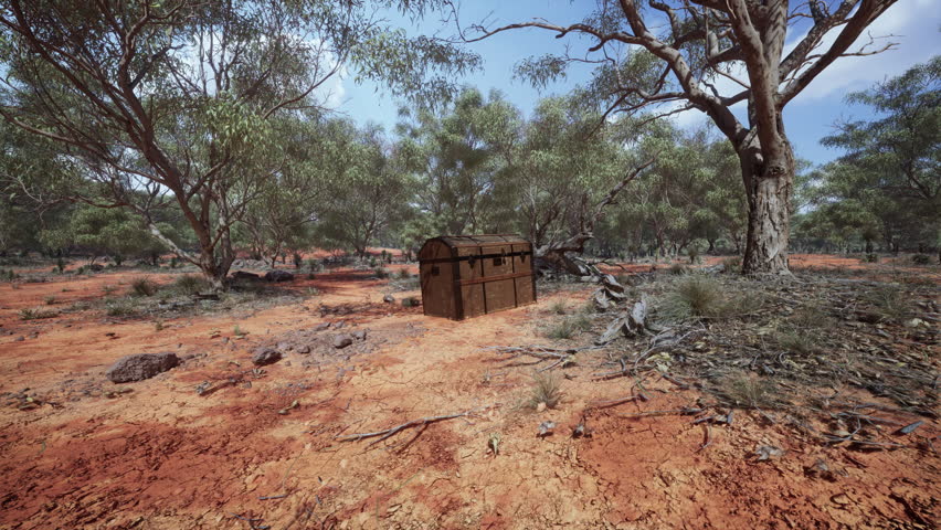 Closed wooden treasure chest on sandy beach