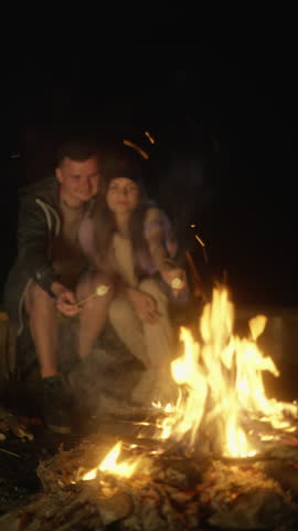 Intimate Campfire Moment: Toasting Marshmallows Together Royalty-Free Stock Footage #3493932613