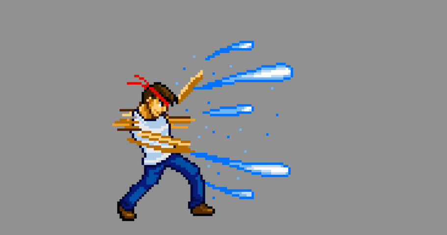 This is a pixel art video of a man wearing a T-shirt  punching continuously.
The background is transparent.