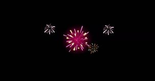 Festive Fireworks. Isolated on black background. Floating golden sparkles. Glowing Particles. ANIMATION VIDEO OF HAPPY NEW YEAR GREETINGS WITH FEEL FIREWORKS, sparkle festifal