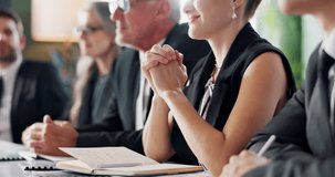 Law firm, business people and meeting for hiring panel, listening and negotiation with human resources. Staff, group and woman with hands together, job interview and committee for candidate selection - Powered by Shutterstock - Get 15% off with code: PIKWIZARD15