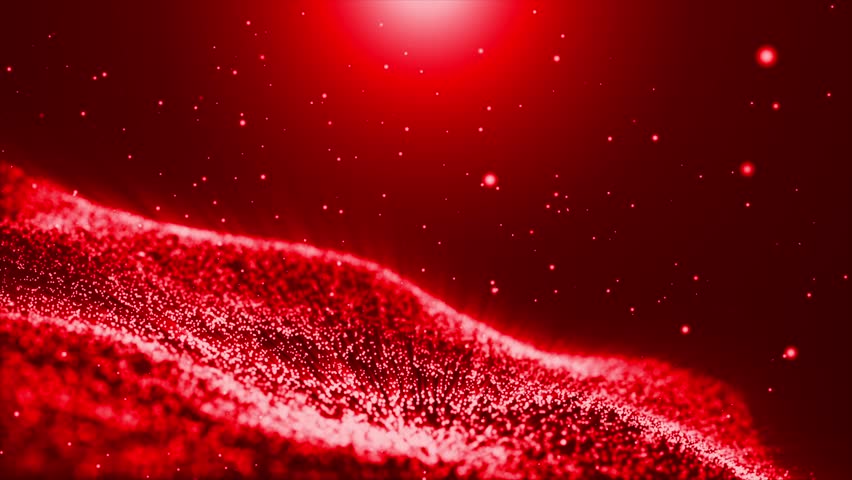 Red glittering particle wave flow background. Abstract futuristic wave background. Abstract particle technology background. Seamless loop 