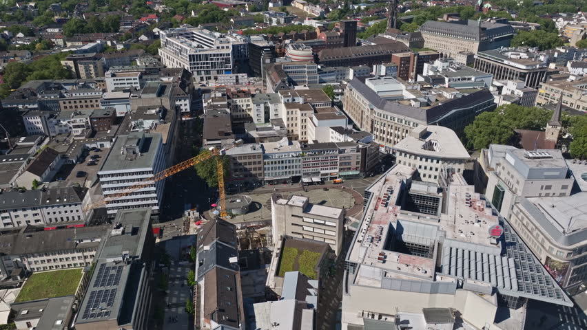 Aerial drone view of Bochum-Innenstadt, the city center of Bochum in North Rhine-Westphalia, Germany. 
