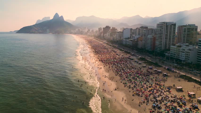 Crowded Ipanema Beach in Rio de Janeiro Aerial View on a Hot Sunny Day