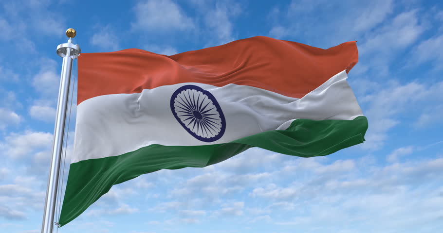 India flag with flagpole waving in wind, rolling clouds background looping, 4K video (Perfect Loop)