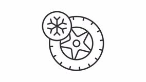 Animated winter tire icon. Spinning tire and snowflake line animation. Tire changeover service. Snow tyres. Black illustration on white background. HD video with alpha channel. Motion graphic