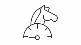 Horsepower line animation. Animated horse and speedometer icon. Power measurement. Vehicle performance. Black illustration on white background. HD video with alpha channel. Motion graphic