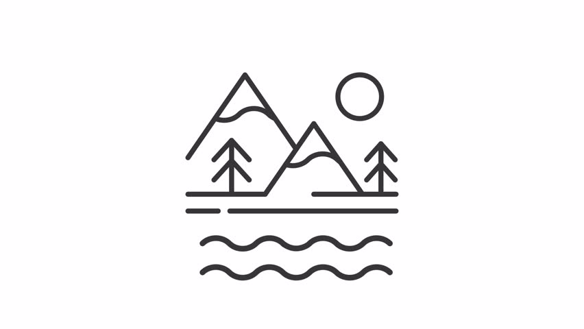 Waterscape mountains line animation. Surface water animated icon. Sunrise sunset. Lake view, river flow. Black illustration on white background. HD video with alpha channel. Motion graphic