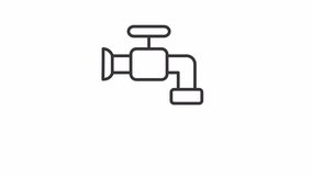 Tap water line animation. Faucet animated icon. Valve rotating, waterdrop falling. Household networks. Black illustration on white background. HD video with alpha channel. Motion graphic