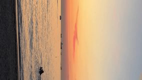 Beautiful clear big sunrise, sunset, seagulls sit on the water and fly. A big red hot sun in the reflection of the sea above the horizon. High quality 4k footage