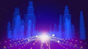 Animation of social media icons over light trails over digital city on black background. Shapes, pattern and background concept digitally generated video. - Powered by Shutterstock - Get 15% off with code: PIKWIZARD15