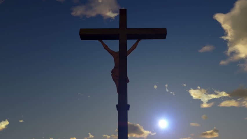 Jesus on Cross, camera fly, timelapse sunrise, night to day