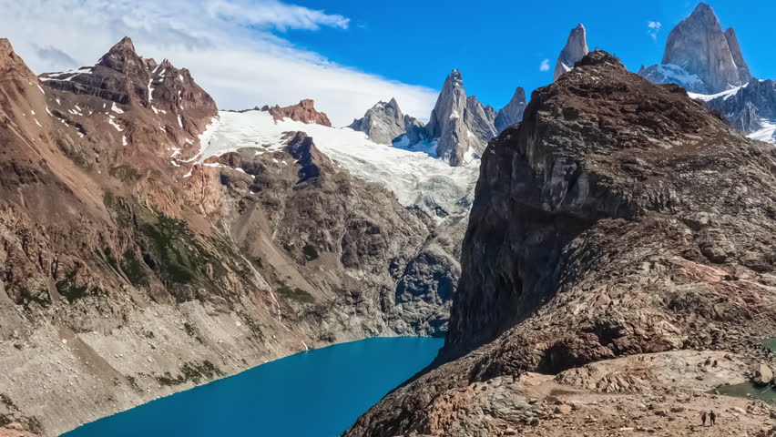 Timelapse of Mount Fitz Roy with Laguna de los Tres in El Chalten, Patagonia Argentina, South America.