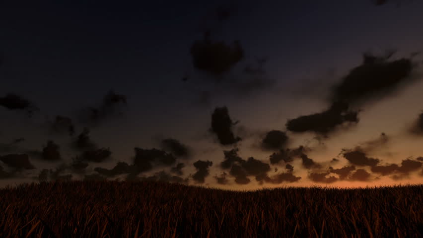 Flying above grass sunrise timelapse, night to day