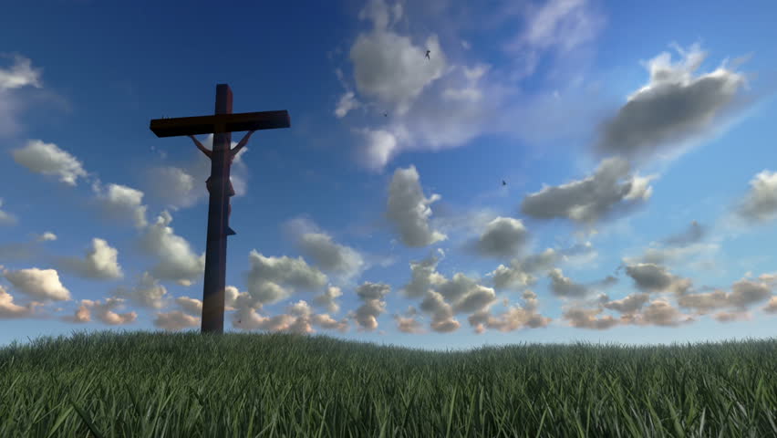 Jesus on Cross, meadow and timelapse clouds