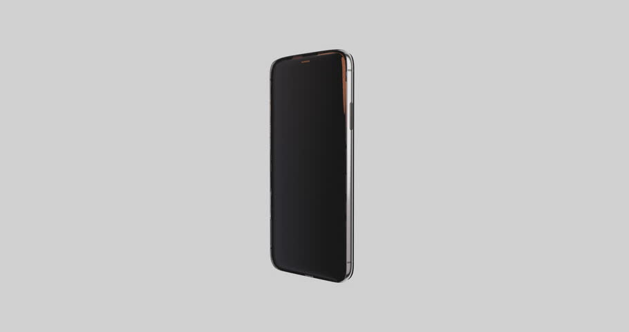 Detailed 3D animation of modern smartphone showing hardware and components inside. Black and white matte layer for compositing with other background.